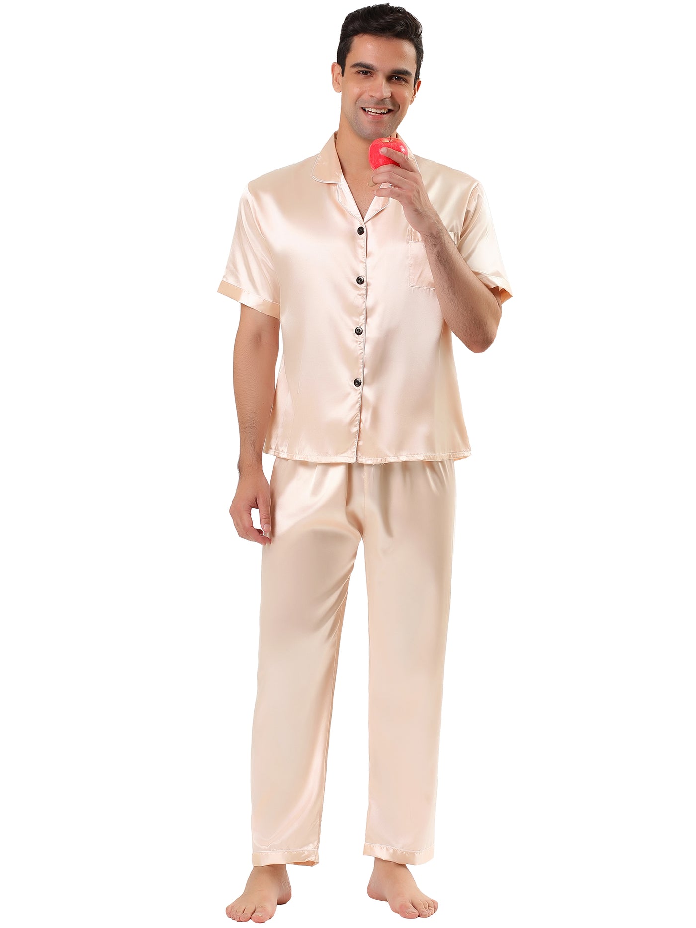 Bublédon Classic Satin Short Sleeve Button Solid Pajama Sets