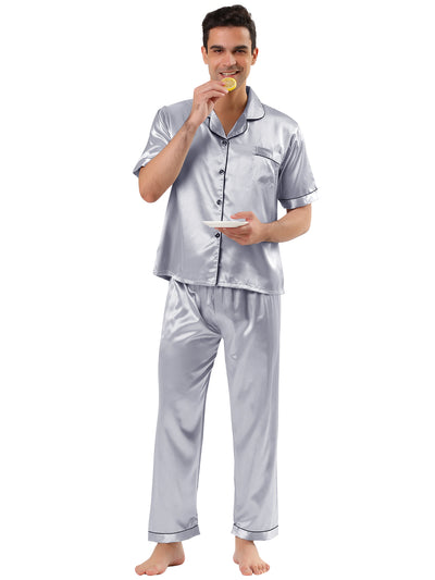 Classic Satin Short Sleeve Button Solid Pajama Sets