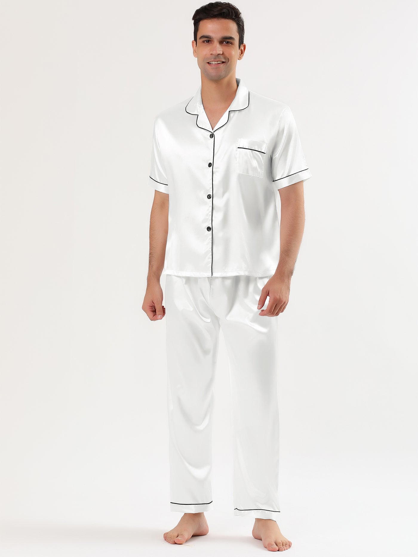 Bublédon Classic Satin Short Sleeve Button Solid Pajama Sets