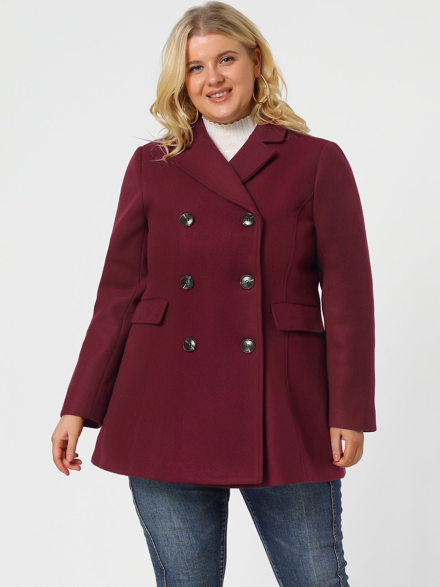 Bublédon Women's Plus Size Notched Lapel Double Breasted Coat