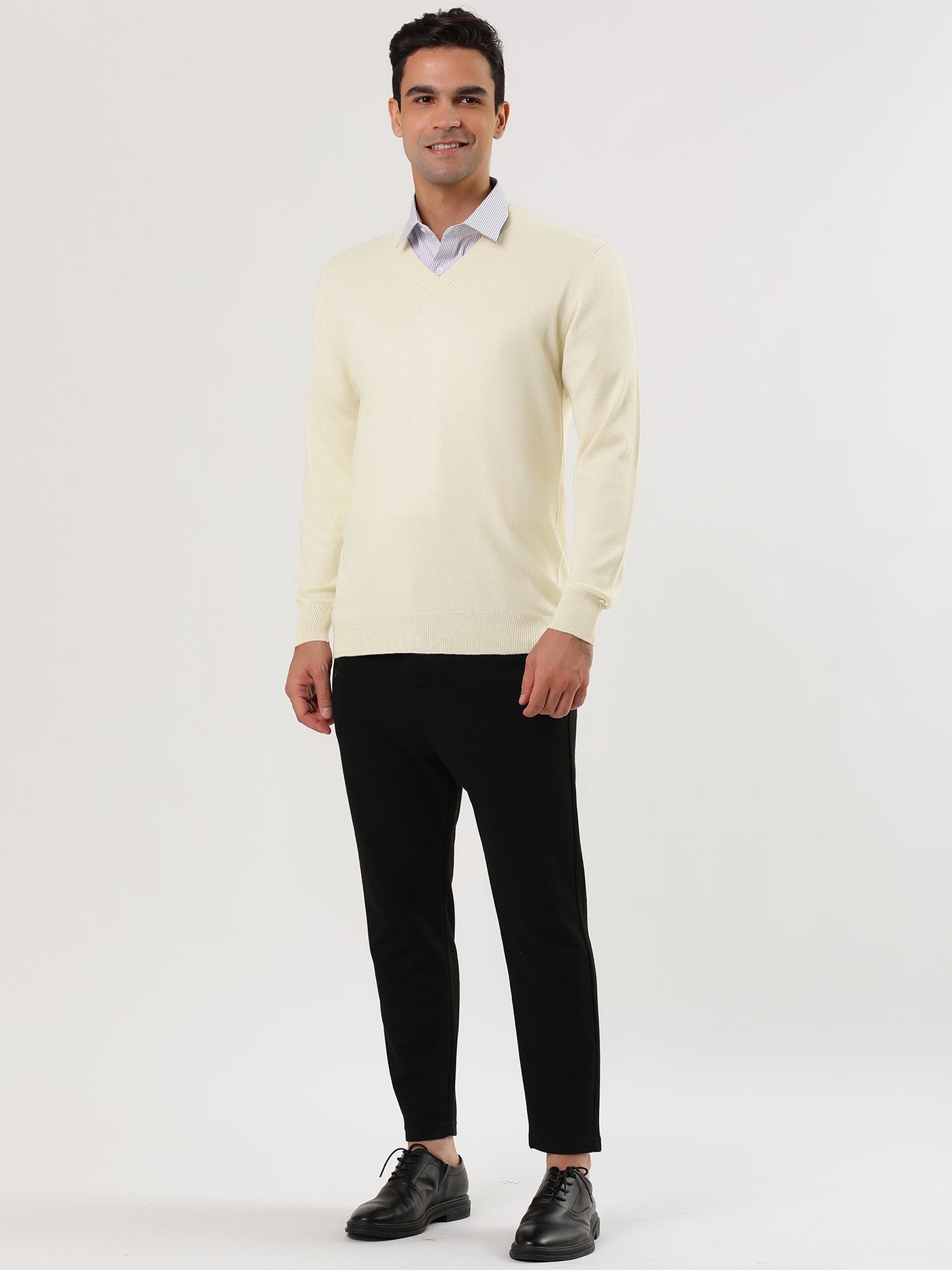 Bublédon Classic Solid V Neck Knitted Long Sleeve Pullover