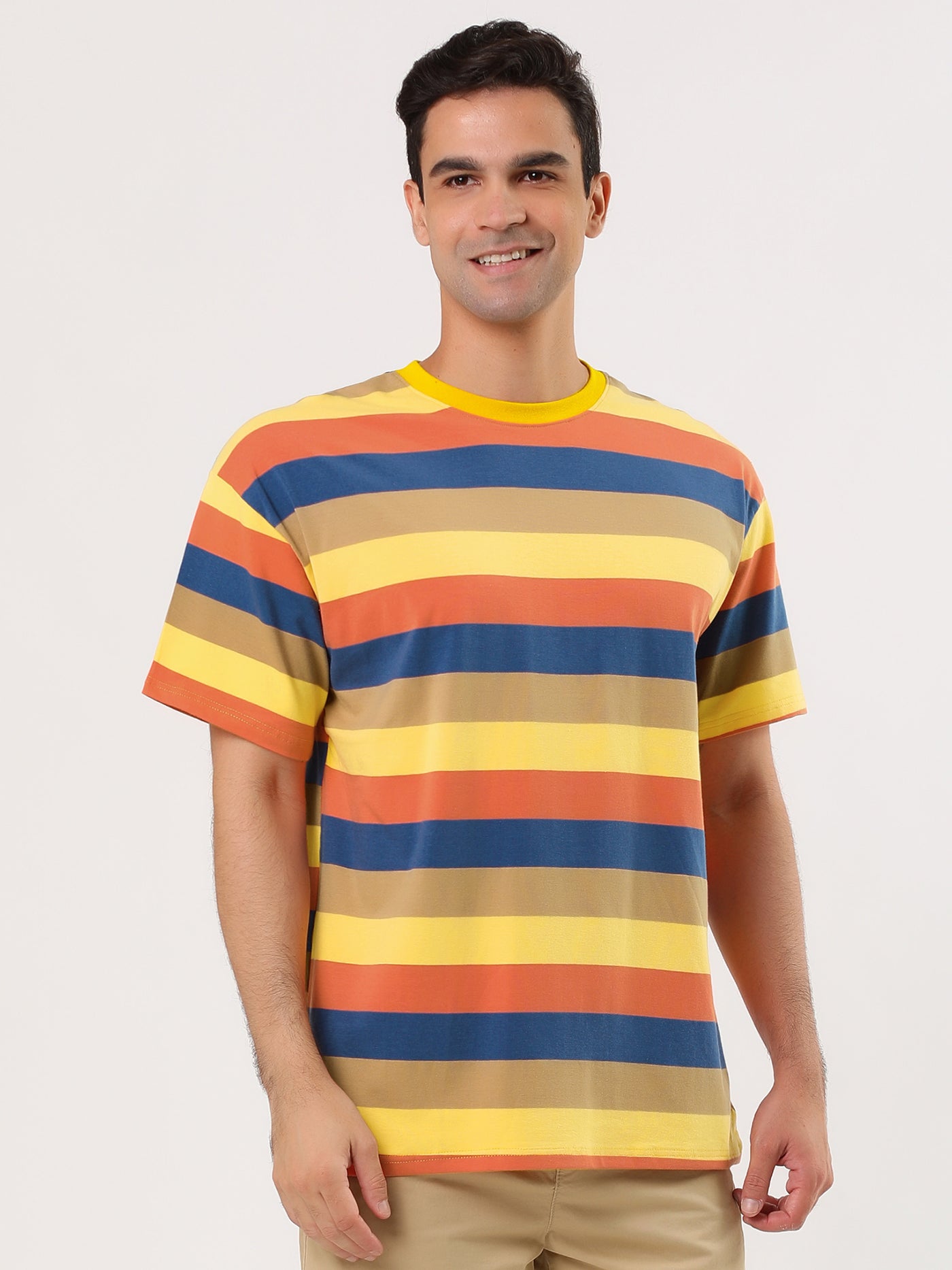 Bublédon Color Block Striped Round Neck Short Sleeve T-shirt