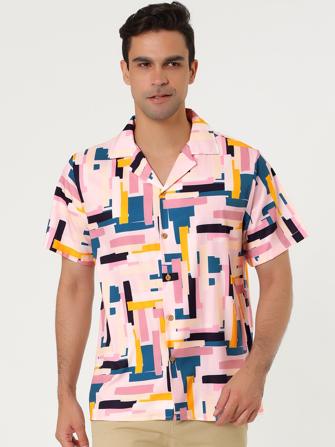 Bublédon Colorful Print Button Short Sleeve Round Hem Shirts