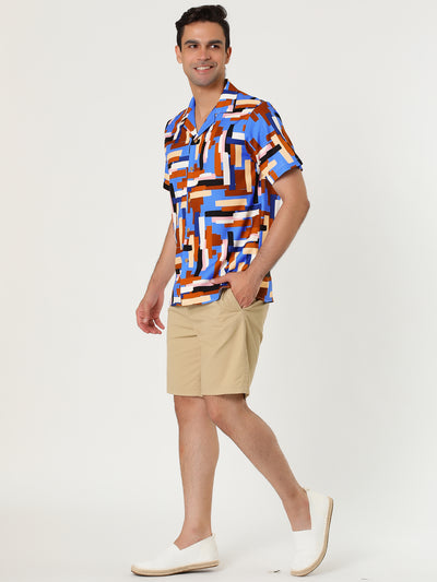 Colorful Print Button Short Sleeve Round Hem Shirts