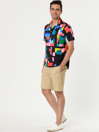 Colorful Print Button Short Sleeve Round Hem Shirts