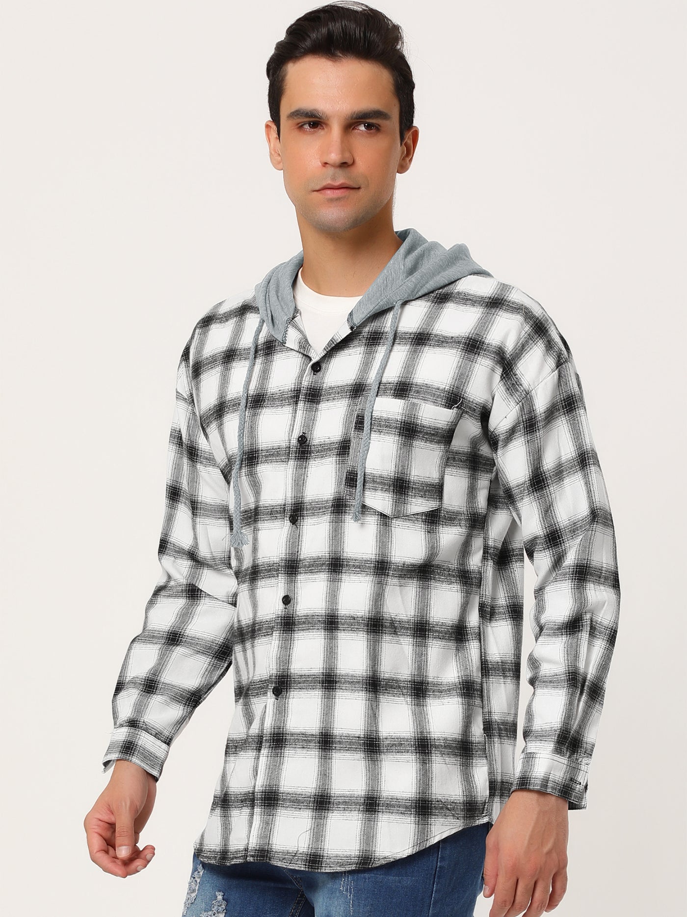 Bublédon Classic Button Down Long Sleeve Plaid Hooded Shirt