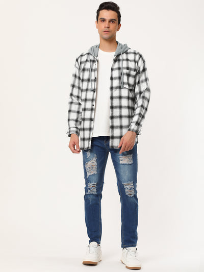 Classic Button Down Long Sleeve Plaid Hooded Shirt