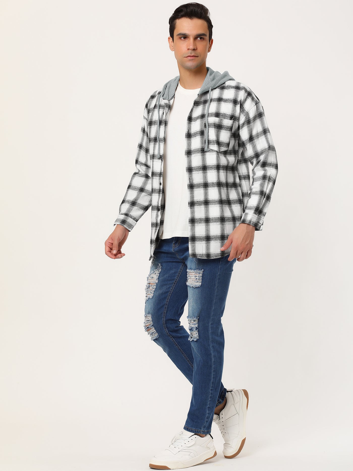 Bublédon Classic Button Down Long Sleeve Plaid Hooded Shirt