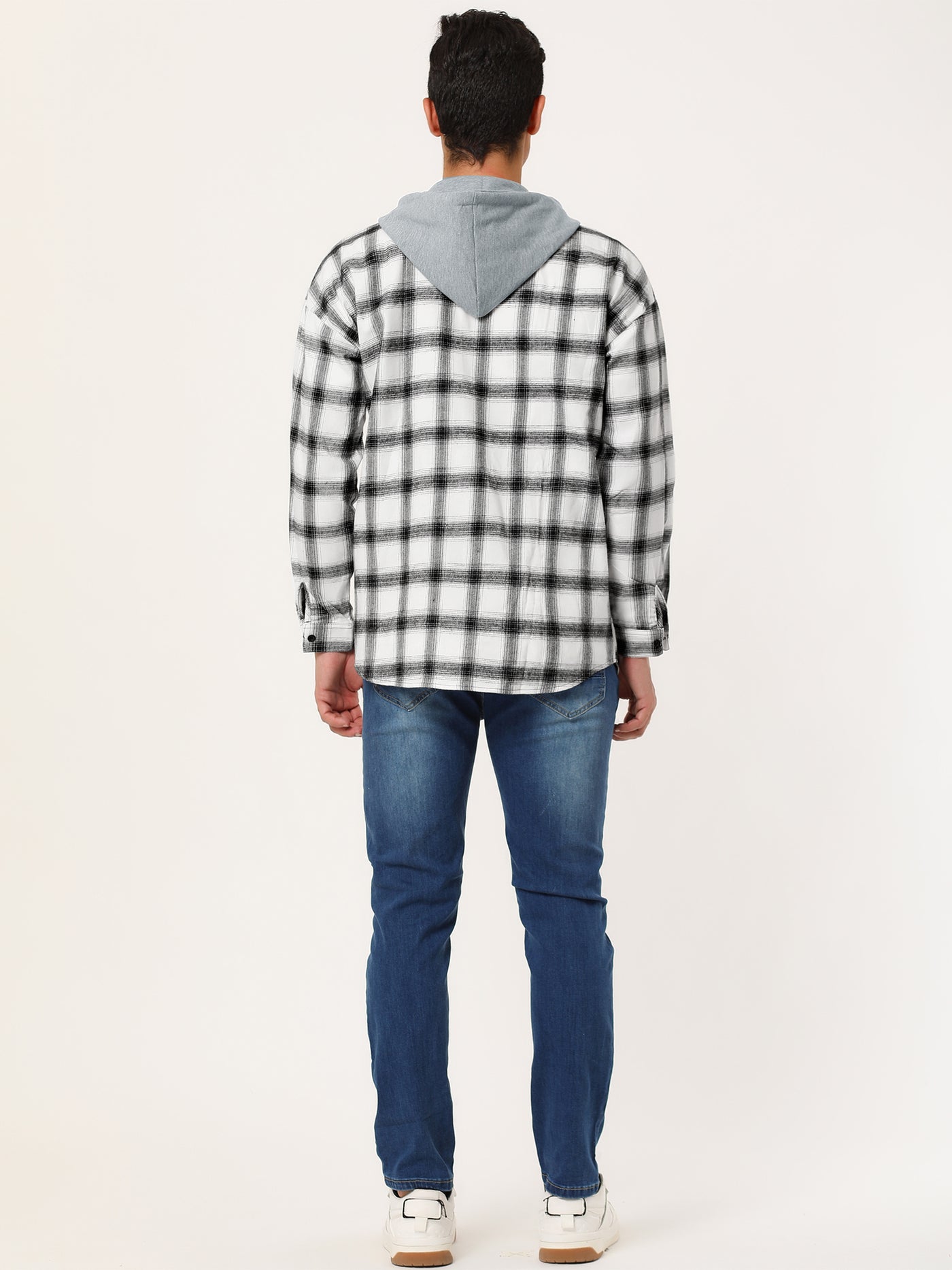 Bublédon Classic Button Down Long Sleeve Plaid Hooded Shirt