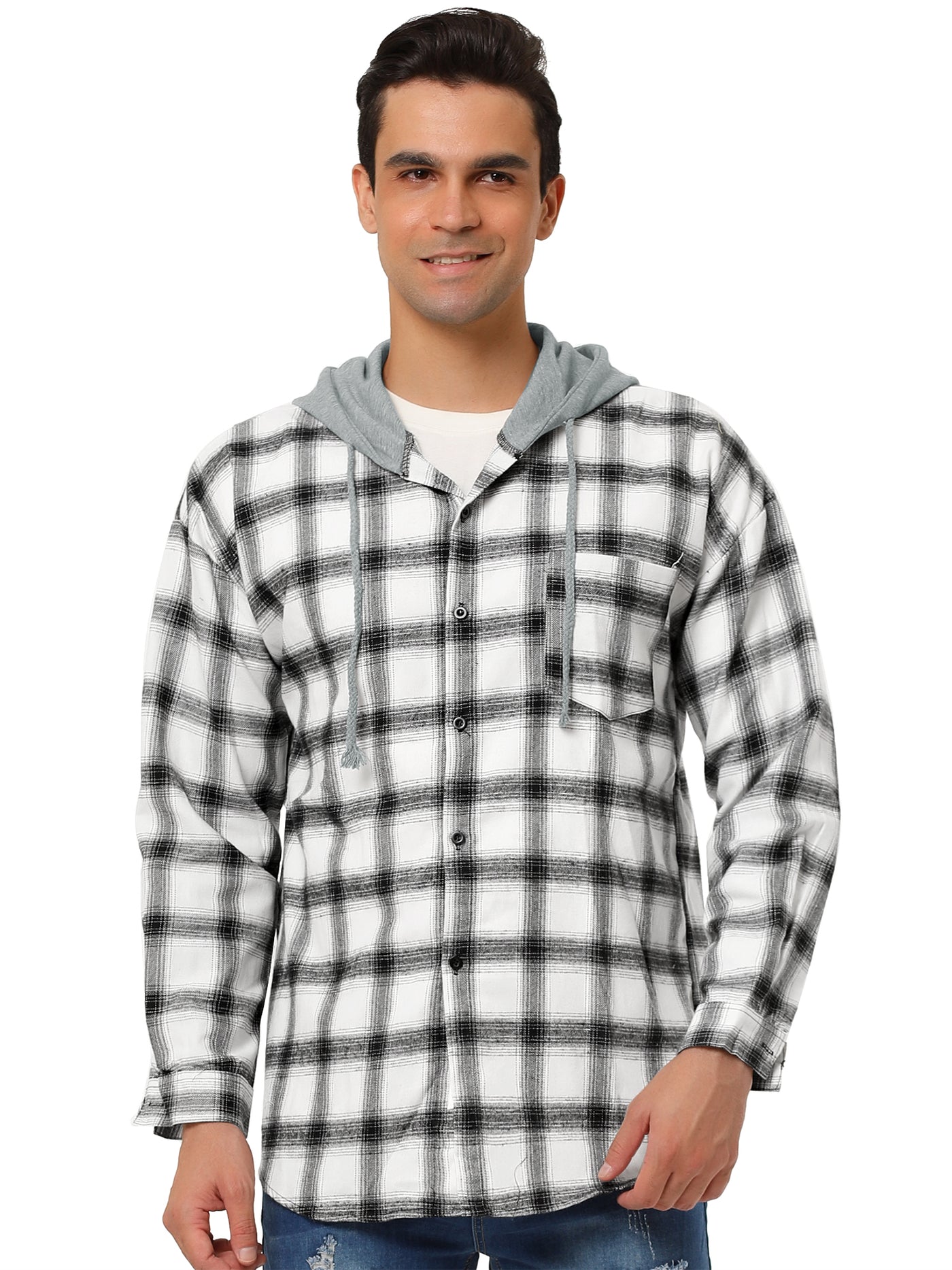 Bublédon Classic Button Down Long Sleeve Plaid Hooded Shirt