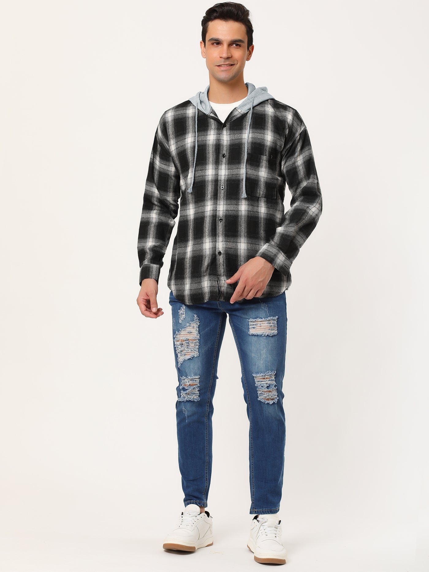 Bublédon Classic Button Down Long Sleeve Plaid Hooded Shirt