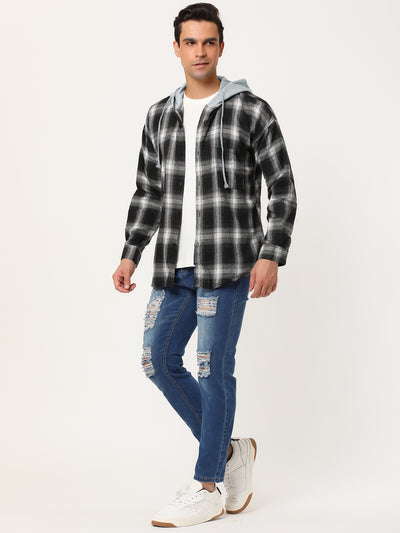 Classic Button Down Long Sleeve Plaid Hooded Shirt