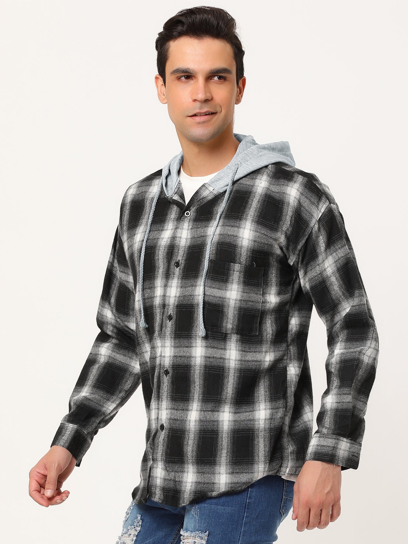 Bublédon Classic Button Down Long Sleeve Plaid Hooded Shirt