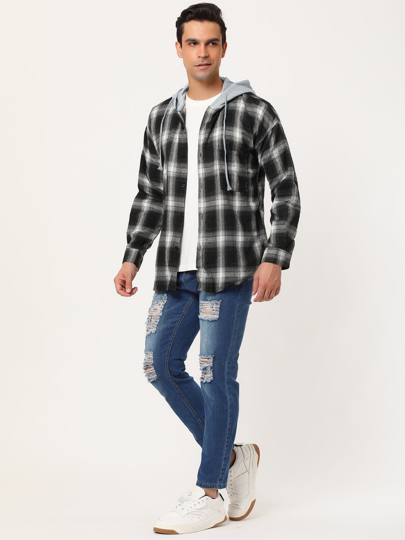 Bublédon Classic Button Down Long Sleeve Plaid Hooded Shirt