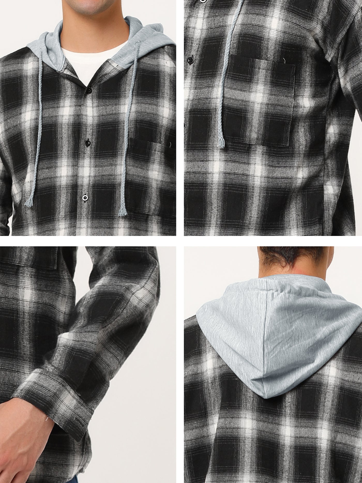 Bublédon Classic Button Down Long Sleeve Plaid Hooded Shirt