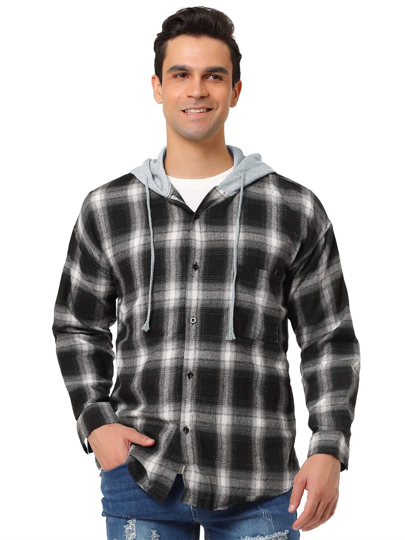 Bublédon Classic Button Down Long Sleeve Plaid Hooded Shirt