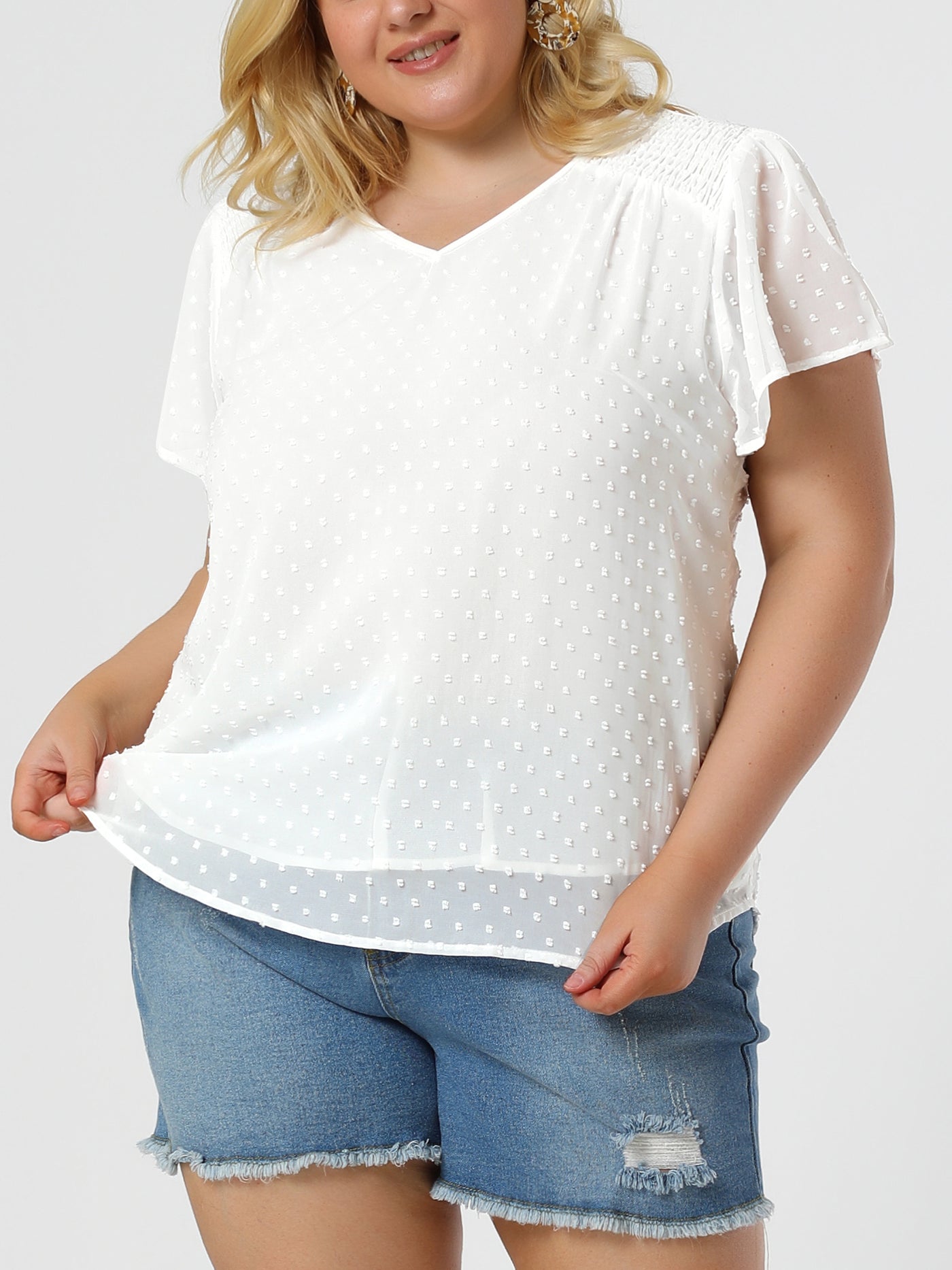 Bublédon Polyester H Line Pin Dot Round Neck Blouse