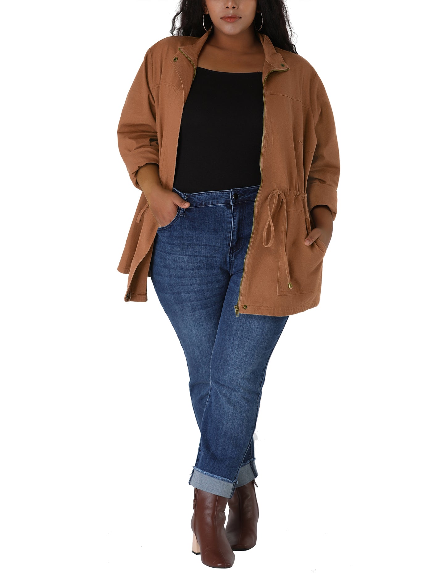 Bublédon Women's Plus Size Stand Collar Drawstring Utility Jacket