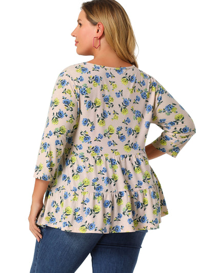 Regular Fit Peony Round Neck 3/4 Sleeve Top