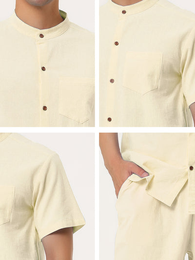 Casual Linen Band Collar Short Sleeve Solid Set