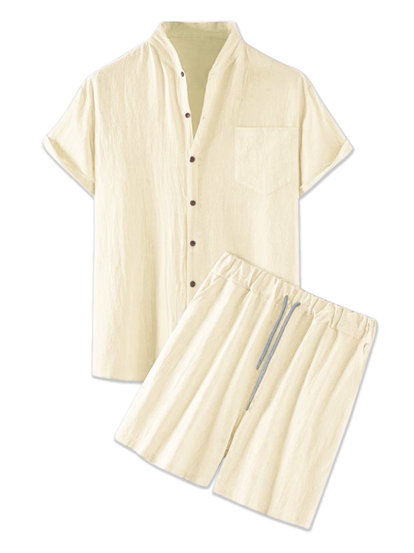 Bublédon Casual Linen Band Collar Short Sleeve Solid Set