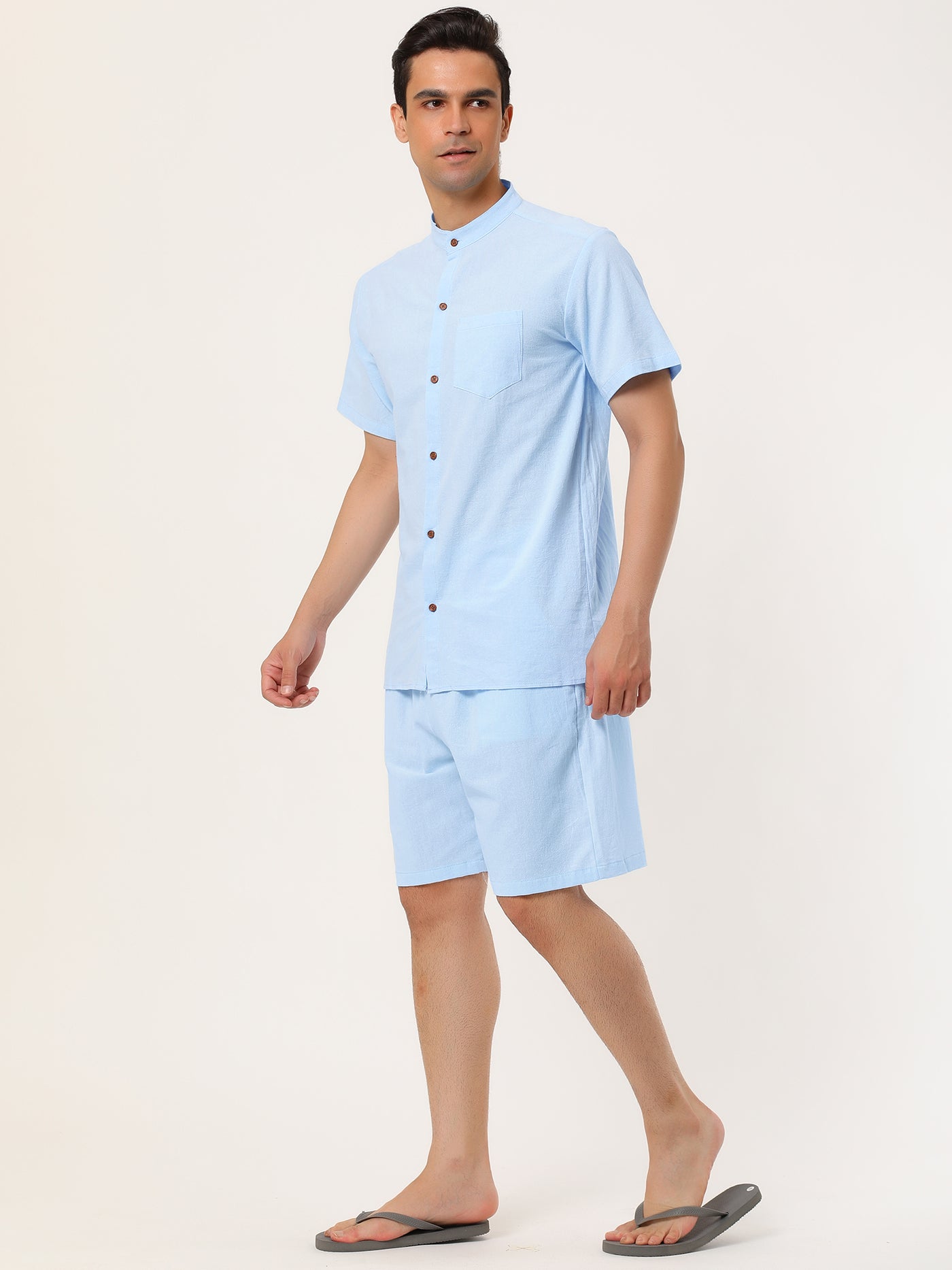 Bublédon Casual Linen Band Collar Short Sleeve Solid Set