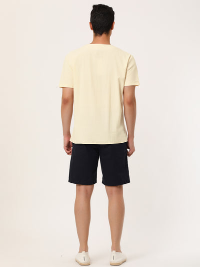 Linen V-Neck Lace Up Solid Color Short Sleeve Shirt