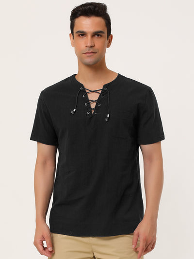 Linen V-Neck Lace Up Solid Color Short Sleeve Shirt