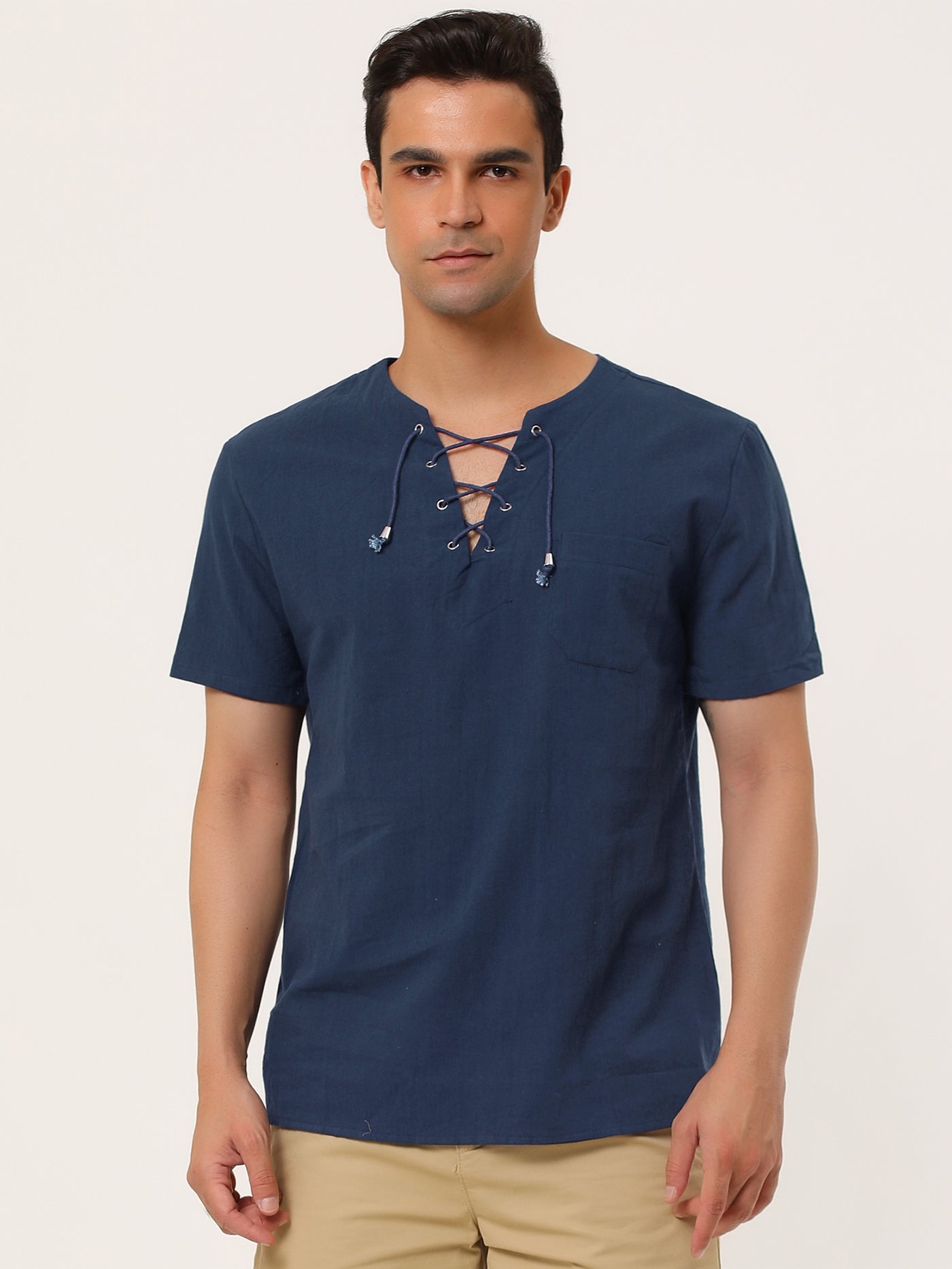 Bublédon Linen V-Neck Lace Up Solid Color Short Sleeve Shirt