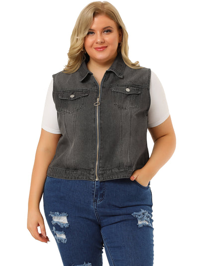 Plus Size Trucker Vest Zipper Front Sleeveless Denim Vests