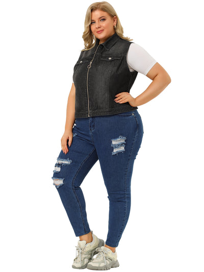 Plus Size Trucker Vest Zipper Front Sleeveless Denim Vests