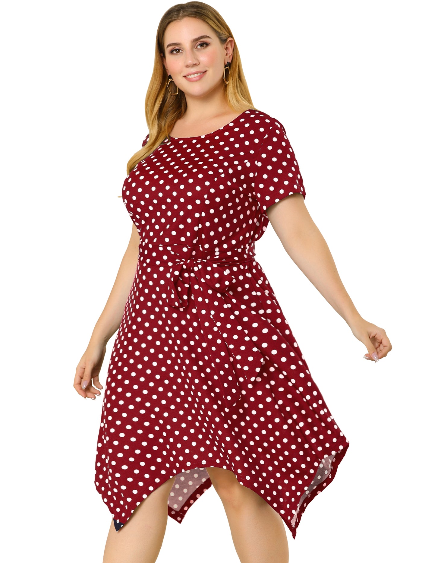 Bublédon Polka Dot Round Neck Short Sleeve Plus Size Dress