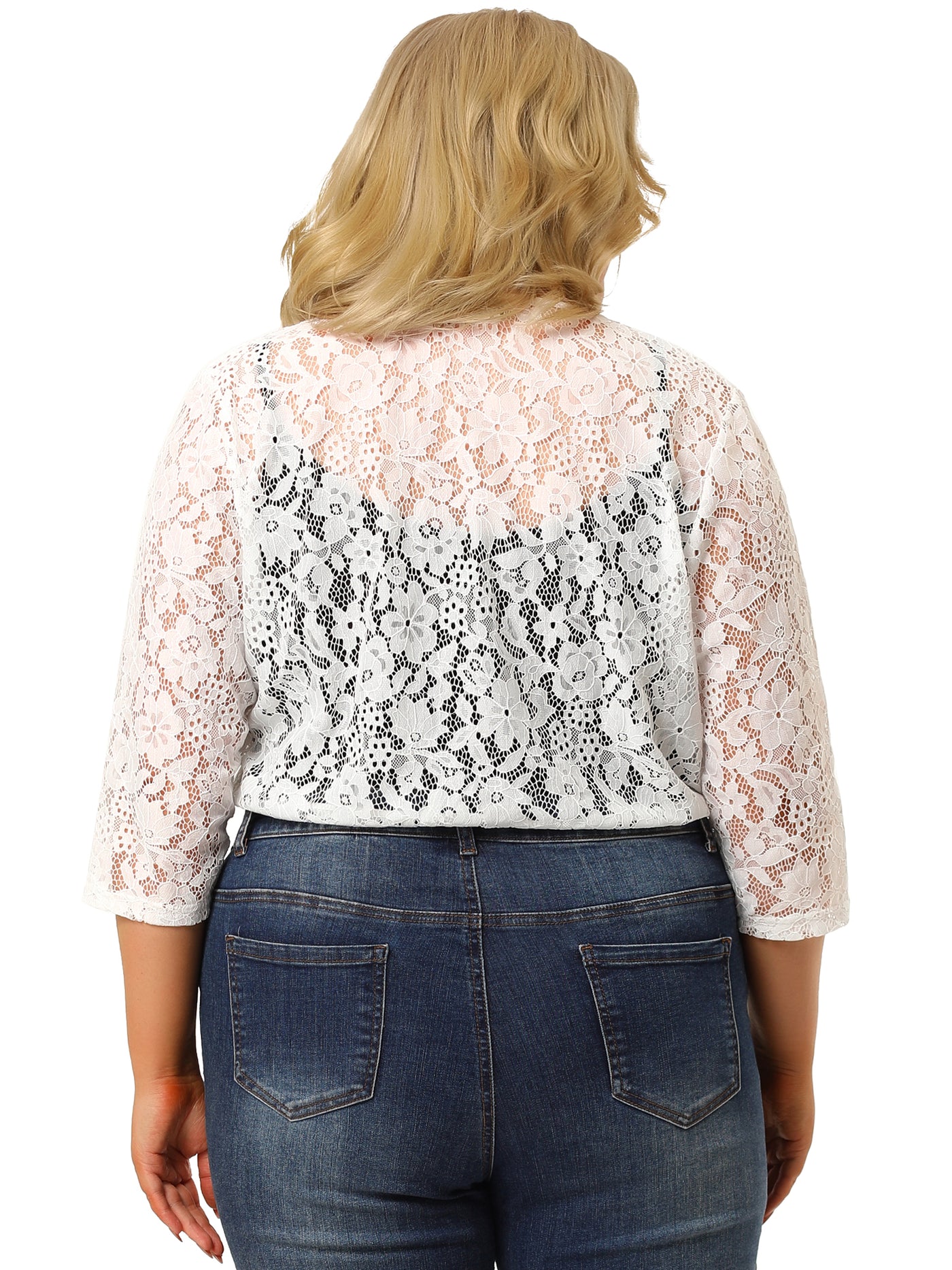 Bublédon Plus Size 3/4 Sleeves Lace Open Front Crop Jacket