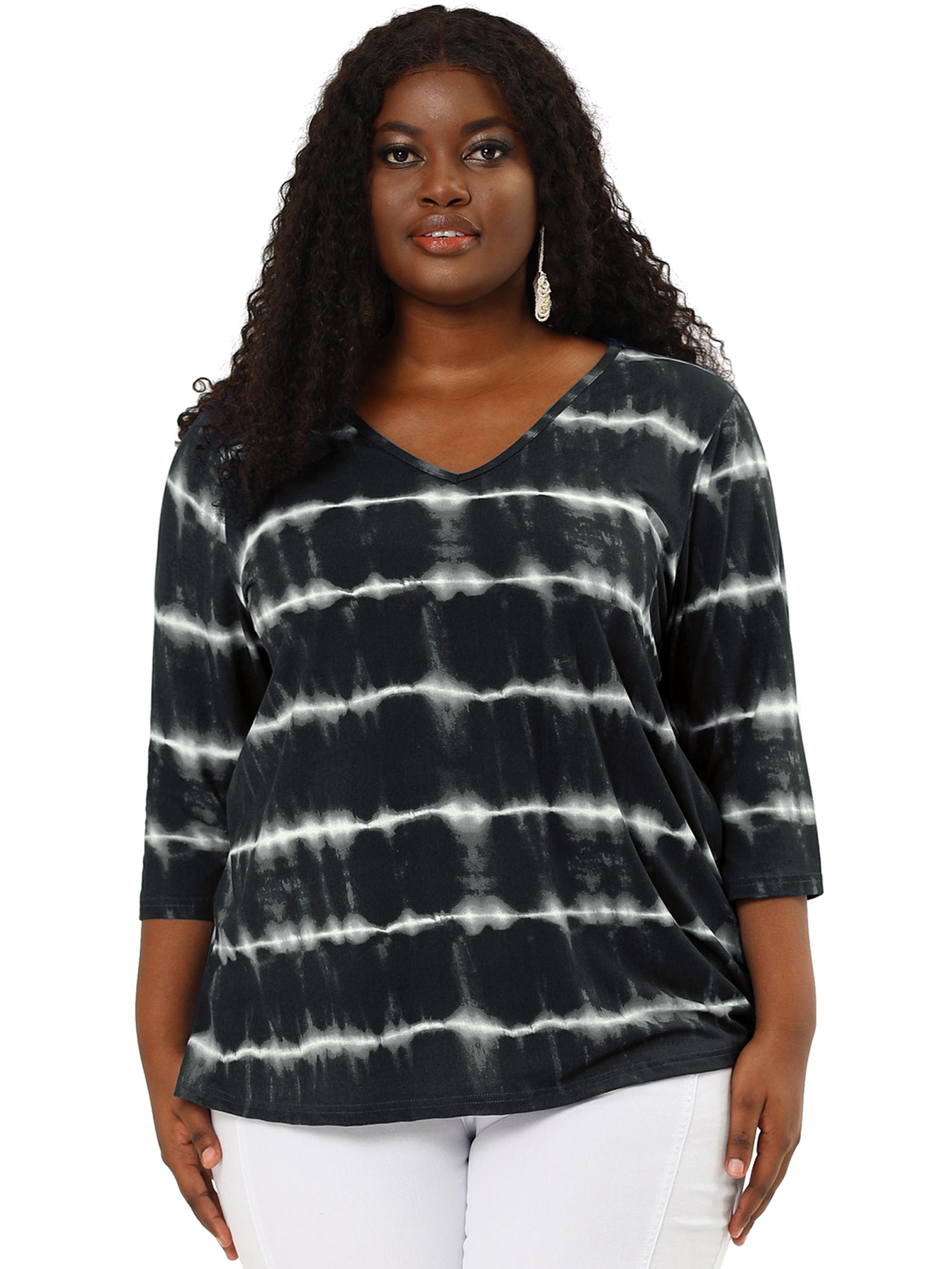 Bublédon Spandex H Line Tie Dye V Neck Long Sleeve Shirt