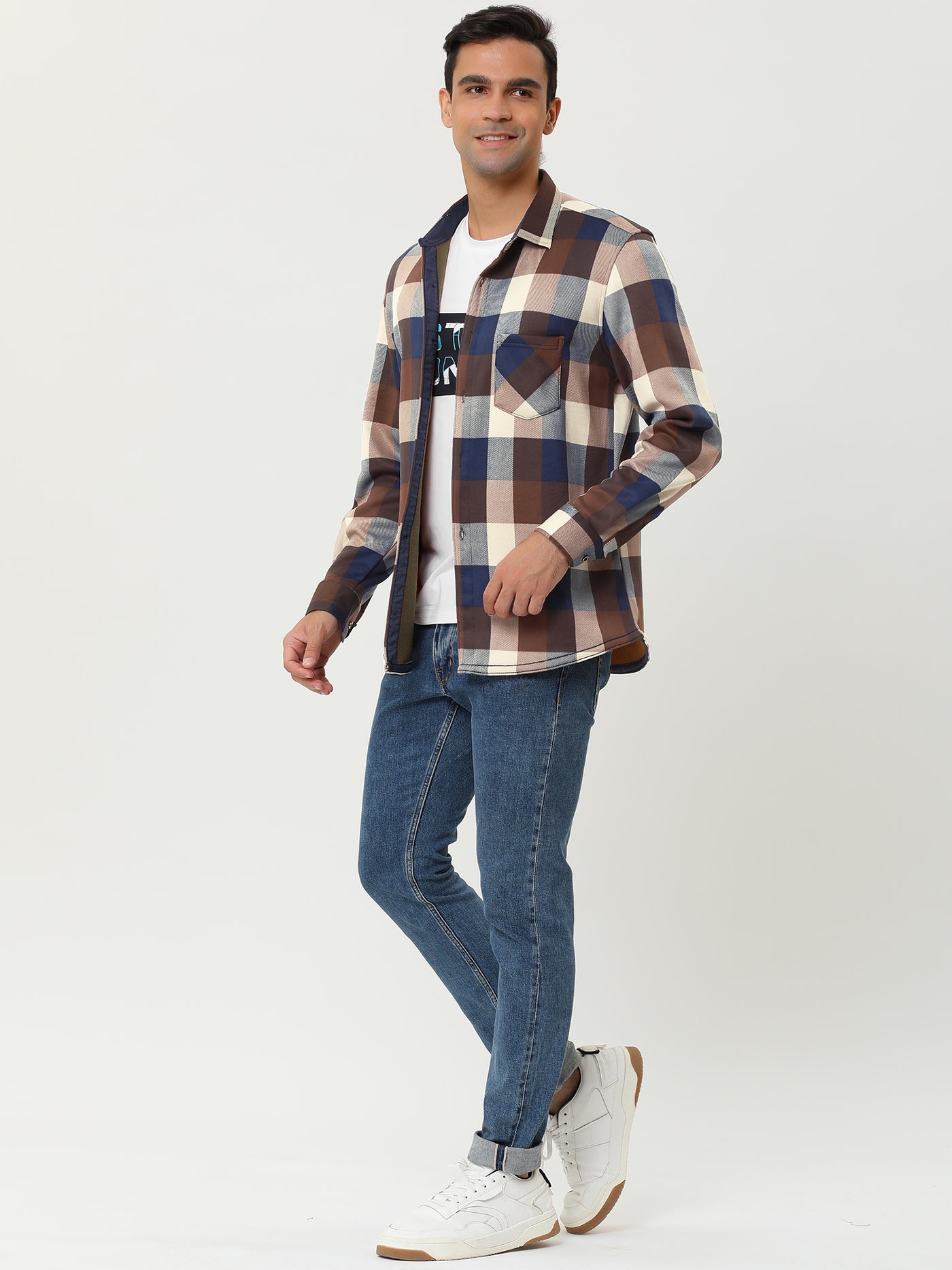 Bublédon Fleece Lined Plaid Thicken Long Sleeve Winter Checked Shirt