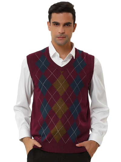 Casual V Neck Sleeveless Argyle Knit Sweater Vest