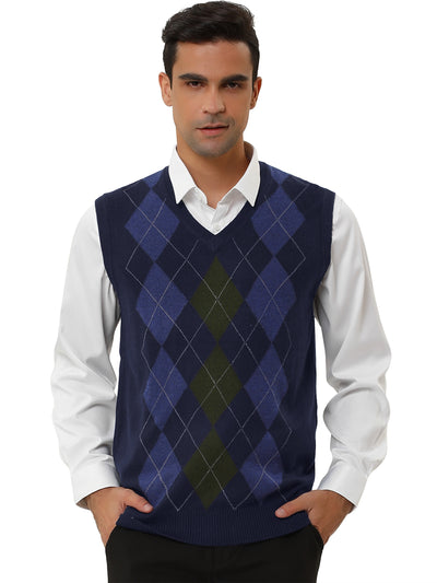 Casual V Neck Sleeveless Argyle Knit Sweater Vest