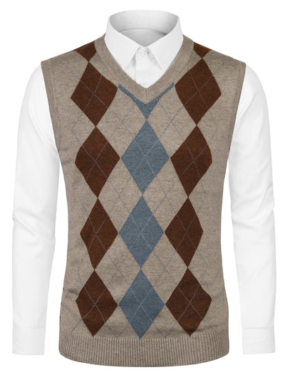 Casual V Neck Sleeveless Argyle Knit Sweater Vest