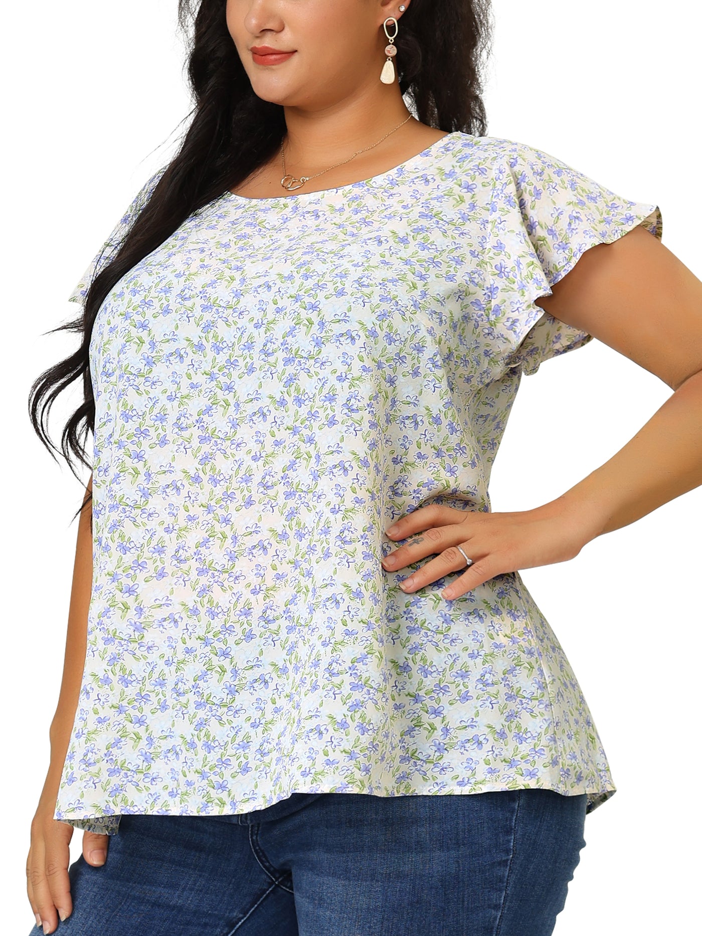 Bublédon Loose Fit Floral Round Neck Short Sleeve Blouse