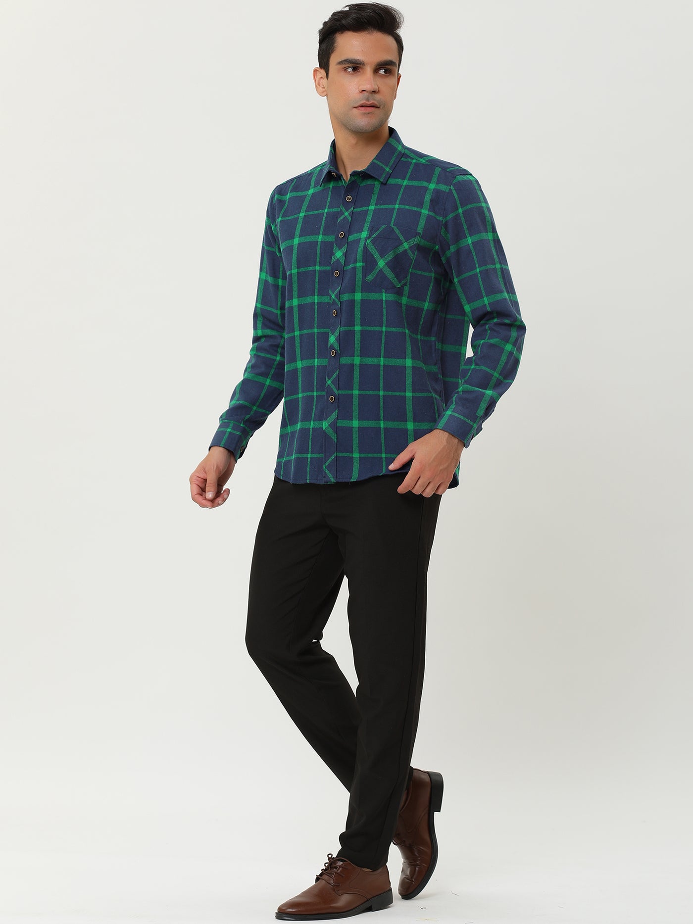 Bublédon Casual Plaid Lapel Pocket Button Long Sleeve Shirts