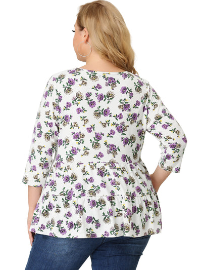 Regular Fit Peony Round Neck 3/4 Sleeve Top