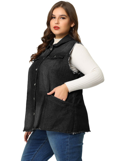 Plus Size Vest Frayed Hem with Cargo Pocket Trucker Denim