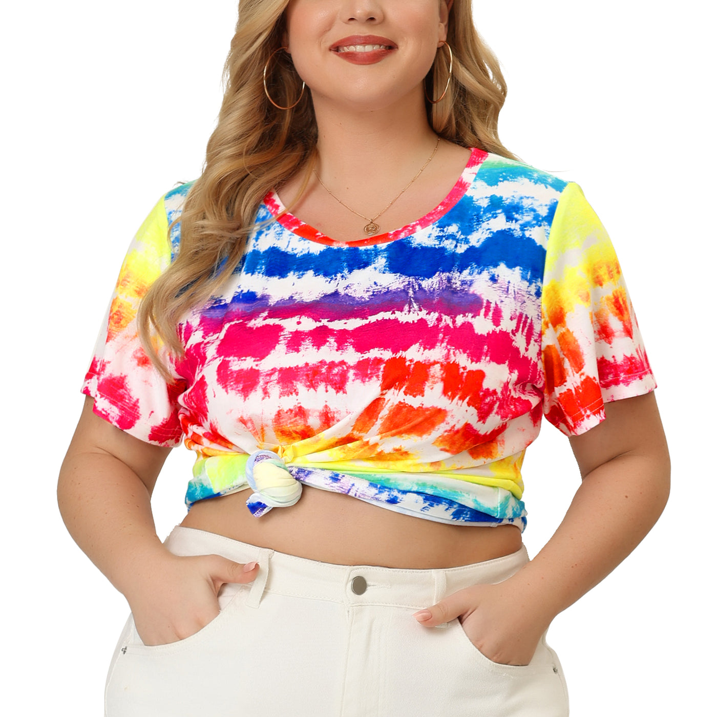 Bublédon Plus Size T Shirts Round Neck Multi Color Dye Casual Tops