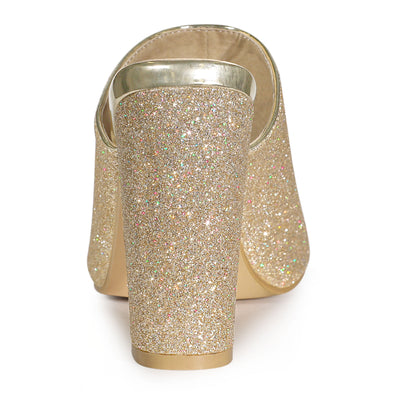 Perphy Glitter Chunky Heels Slip on Slide Mules Heel Sandals