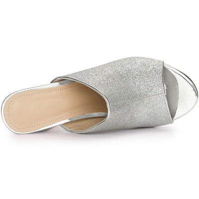 Perphy Glitter Chunky Heels Slip on Slide Mules Heel Sandals