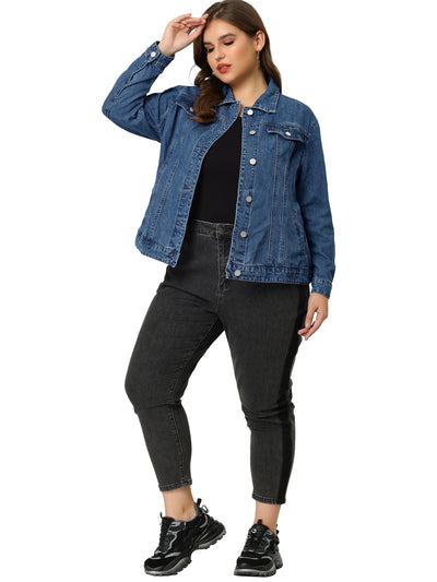 Women Plus Size Stitching Button Front Washed Denim Jacket