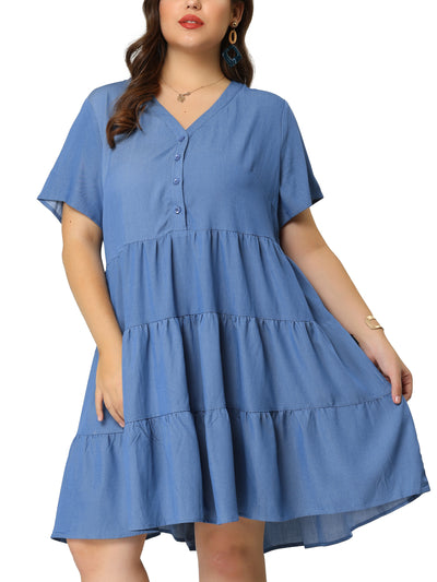 Loose V Neck Short Sleeve Tiered Plus Size Dress