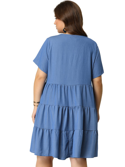 Loose V Neck Short Sleeve Tiered Plus Size Dress