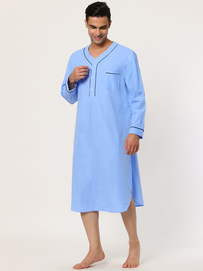 Cotton V Neck Long Sleeve Plain Henley Nightgown