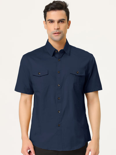 Lapel Short Sleeve Button Solid Color Cargo Shirt